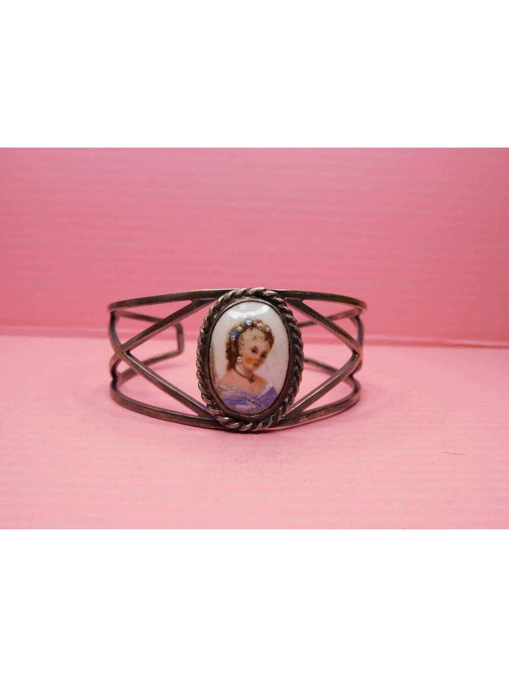 Vintage Silver Hand Painted Porcelain Cameo / Portrait Cuff Bracelet